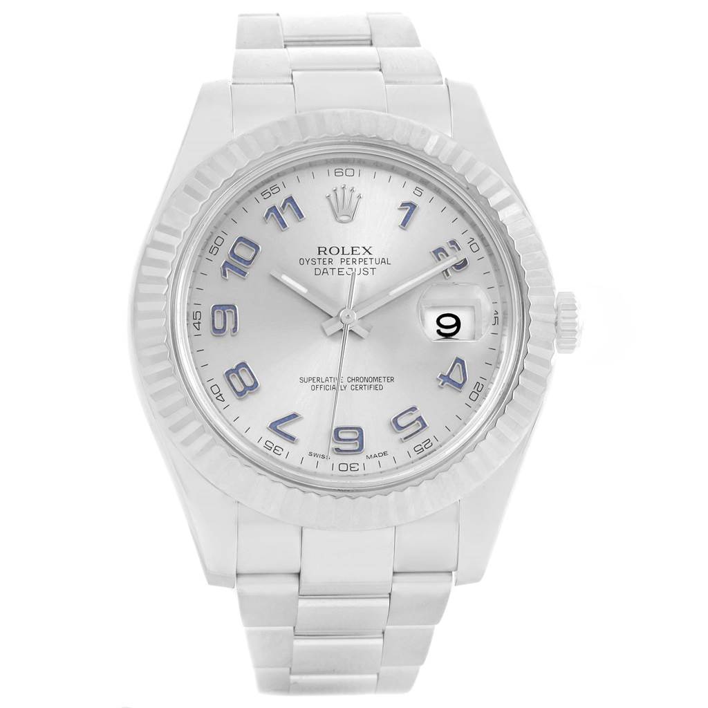 The Rolex Datejust 41 116334 Men's Stainless Steel Grey Dial 116334 Men's Stainless Steel Grey Dial watch is shown from a front angle, revealing the dial, hands, bezel, and bracelet.