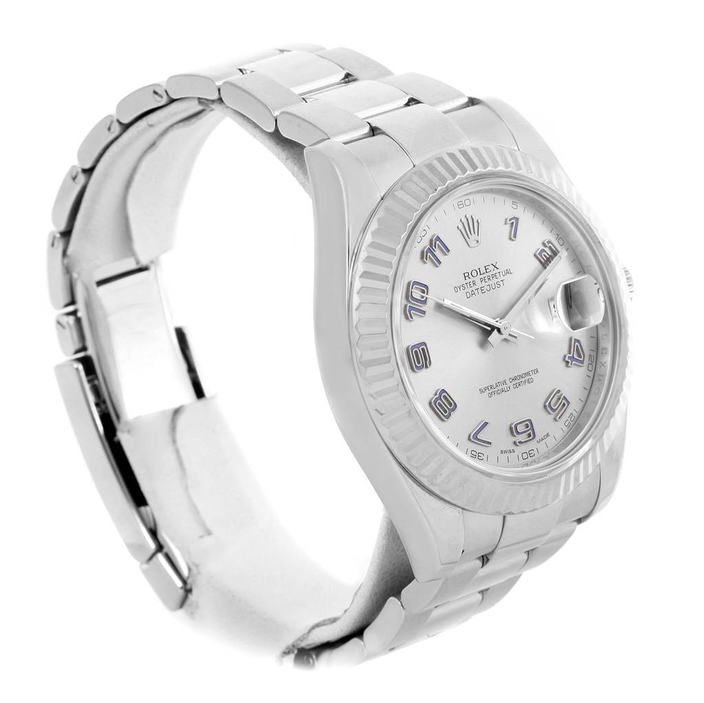 The image shows a side-angle view of the Rolex Datejust 41 116334 Men's Stainless Steel Grey Dial 116334 Men's Stainless Steel Grey Dial watch, highlighting the bracelet, bezel, and dial.