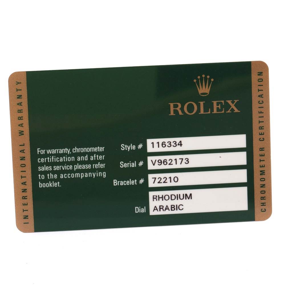 This image shows a Rolex warranty card for a Datejust 41 model, detailing style, serial, bracelet numbers, and dial type.