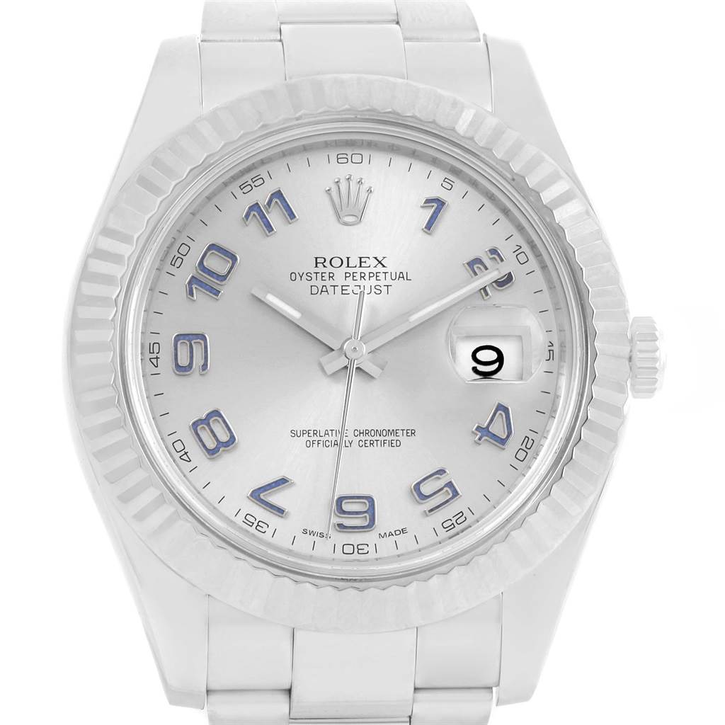 The image shows a front view of the Rolex Datejust 41 116334 Men's Stainless Steel Grey Dial 116334 Men's Stainless Steel Grey Dial watch, highlighting its dial, bezel, and part of the bracelet.