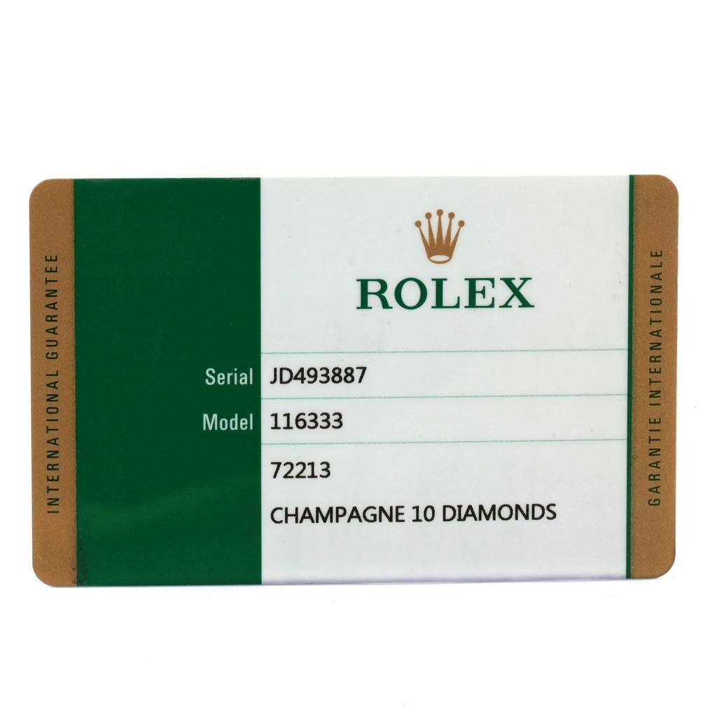 The image shows a guarantee card for a Rolex Datejust 41 116333 Men's Steel and Gold (two tone) Champagne Dial 116333 Men's Steel and Gold (two tone) Champagne Dial model with serial number JD493887 and model number 116333.
