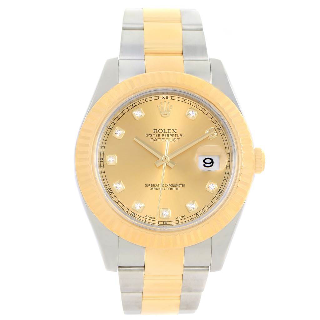 The Rolex Datejust 41 116333 Men's Steel and Gold (two tone) Champagne Dial 116333 Men's Steel and Gold (two tone) Champagne Dial model watch is shown from the front, highlighting its gold dial, bezel, and two-tone bracelet.