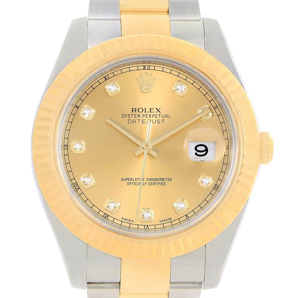 The image shows a frontal view of a Rolex Datejust 41 116333 Men's Steel and Gold (two tone) Champagne Dial 116333 Men's Steel and Gold (two tone) Champagne Dial watch, highlighting the gold dial, diamond hour markers, date window, and bi-tone bracelet.
