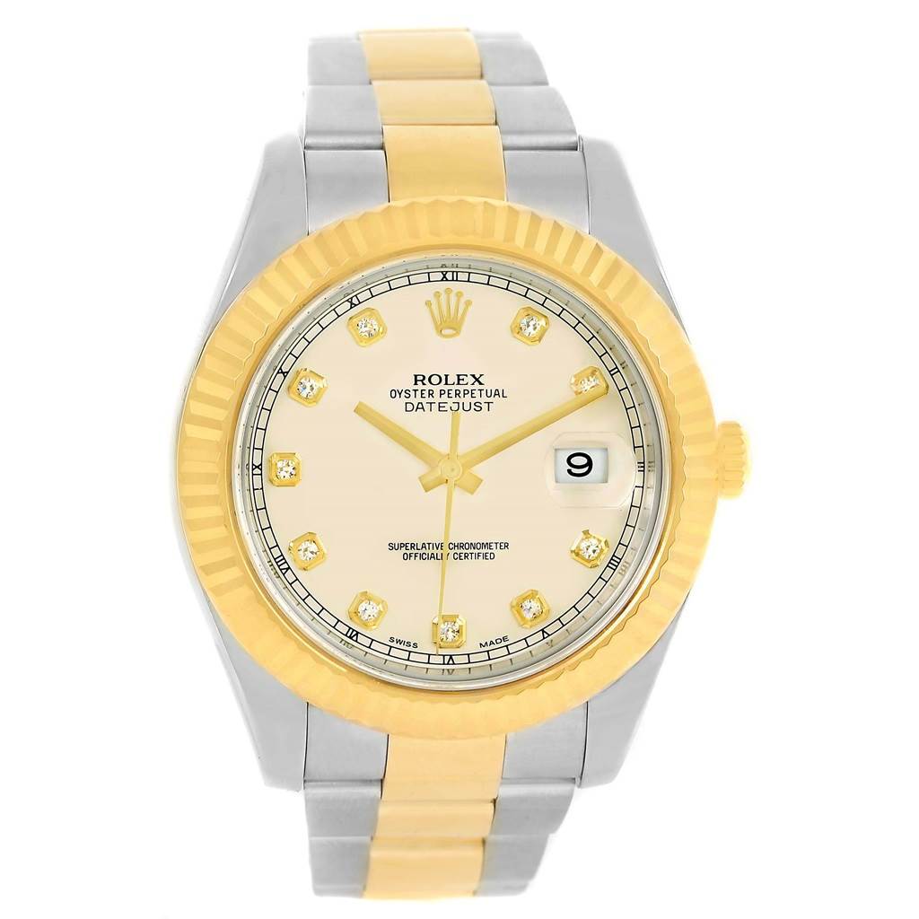 The image shows a front view of a Rolex Datejust 41 116333 Men
s Steel and Gold (two tone) Beige Dial 116333 Men
s Steel and Gold (two tone) Beige Dial watch, featuring a two-tone bracelet and fluted bezel.