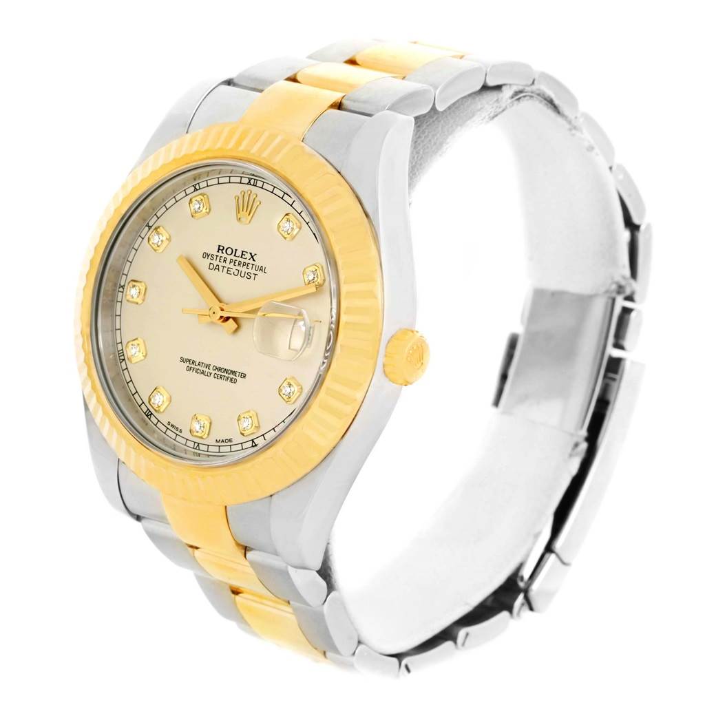 The image shows a Rolex Datejust 41 116333 Men
s Steel and Gold (two tone) Beige Dial 116333 Men
s Steel and Gold (two tone) Beige Dial watch at a three-quarter angle, highlighting its two-tone bezel and bracelet with a champagne dial.