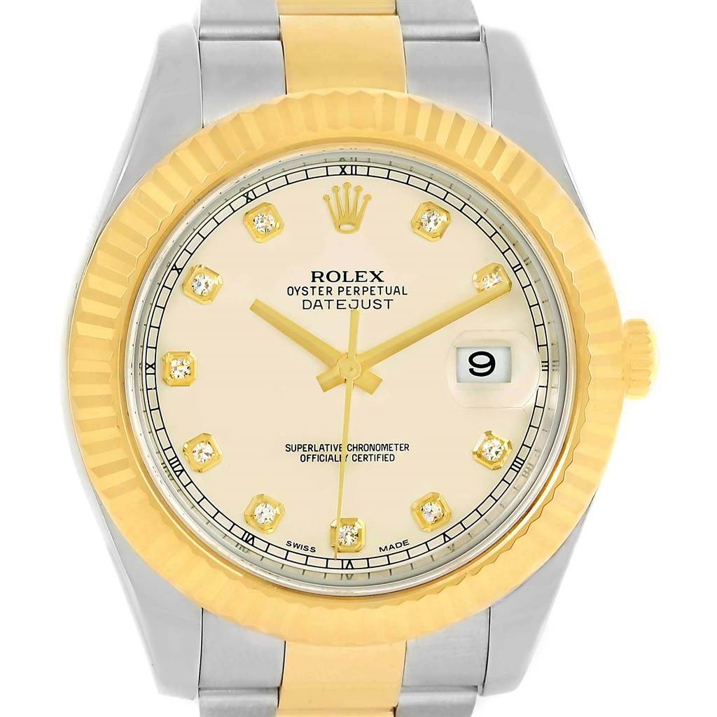 This image shows a front view of the Rolex Datejust 41 116333 Men
s Steel and Gold (two tone) Beige Dial 116333 Men
s Steel and Gold (two tone) Beige Dial watch, highlighting the dial, bezel, and part of the bracelet.
