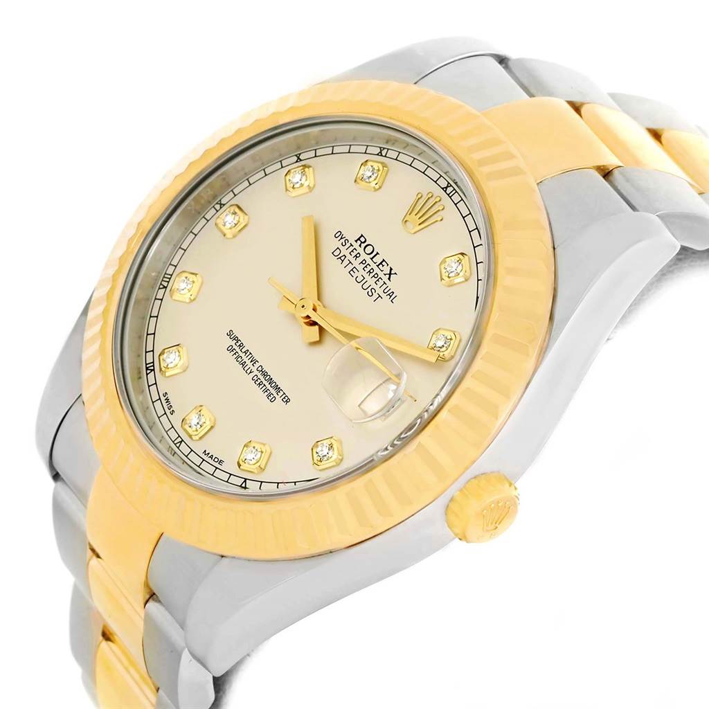 The image shows a close-up angled view of the Rolex Datejust 41 116333 Men
s Steel and Gold (two tone) Beige Dial 116333 Men
s Steel and Gold (two tone) Beige Dial, highlighting the dial, bezel, and bracelet.