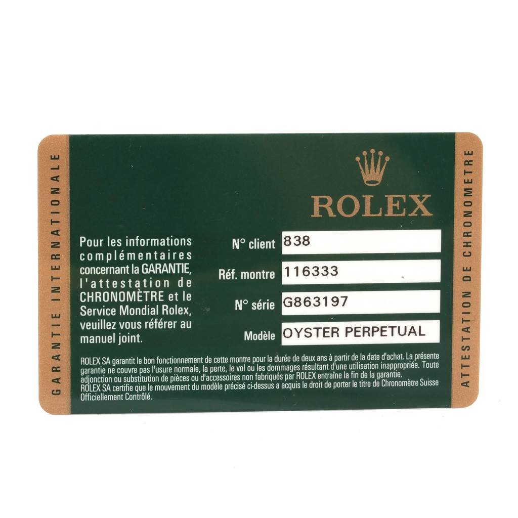 The image shows an international warranty card for the Rolex Datejust 41 116333 Men
s Steel and Gold (two tone) Beige Dial 116333 Men
s Steel and Gold (two tone) Beige Dial model.