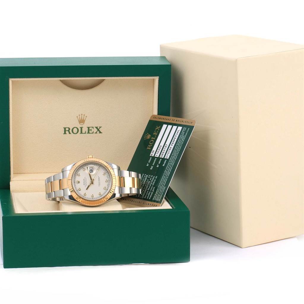 The Rolex Datejust 41 116333 Men
s Steel and Gold (two tone) Beige Dial 116333 Men
s Steel and Gold (two tone) Beige Dial watch is displayed inside its open box, with the warranty card partially visible.