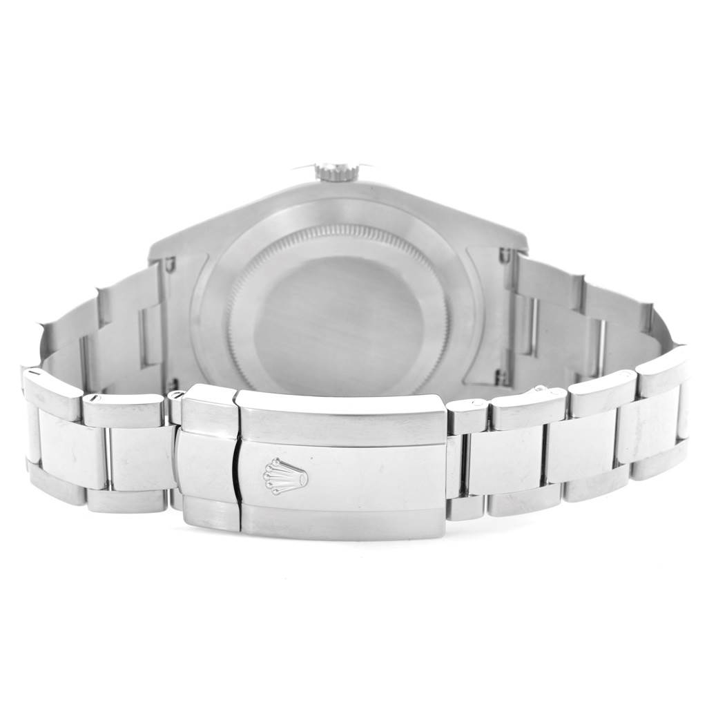 This Rolex Datejust 41 116334 Men's Stainless Steel Blue Dial 116334 Men's Stainless Steel Blue Dial is shown from the back, focusing on the case back and clasp of the bracelet.