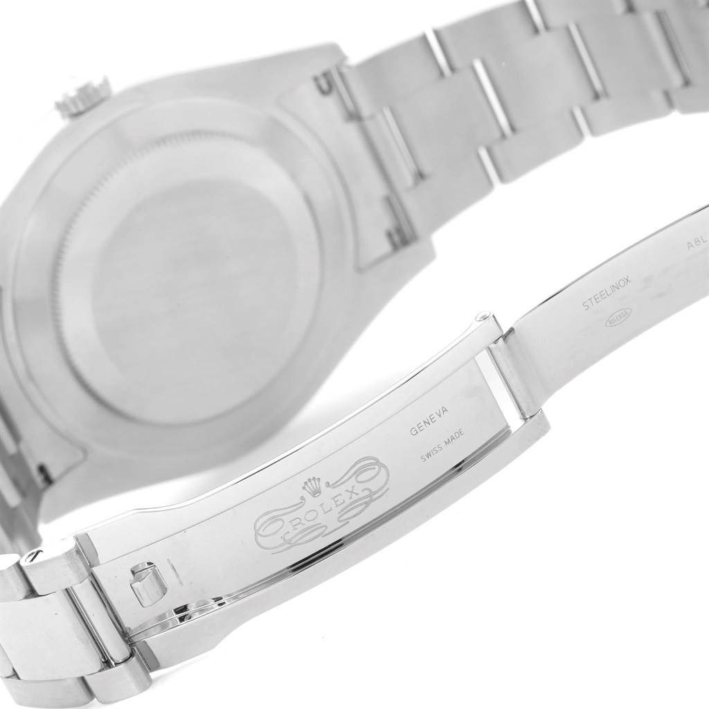 The image shows the stainless steel case back and clasp of the Rolex Datejust 41 116334 Men's Stainless Steel Blue Dial 116334 Men's Stainless Steel Blue Dial watch.