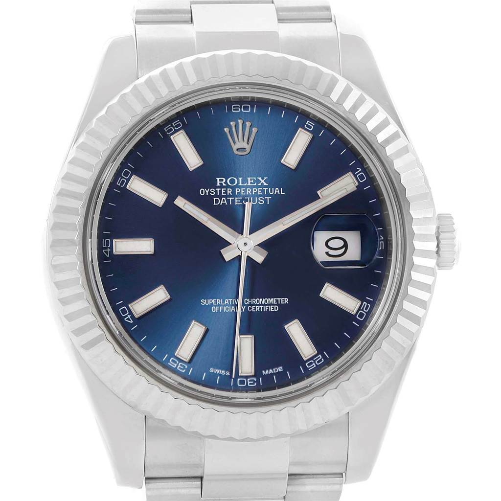 The image shows a close-up of the face and bezel of the Rolex Datejust 41 116334 Men's Stainless Steel Blue Dial 116334 Men's Stainless Steel Blue Dial, highlighting the dial and date window.