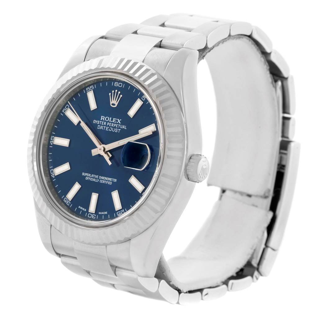 The Rolex Datejust 41 116334 Men's Stainless Steel Blue Dial 116334 Men's Stainless Steel Blue Dial watch is shown from a front angle, highlighting the blue dial, bracelet, case, and crown.