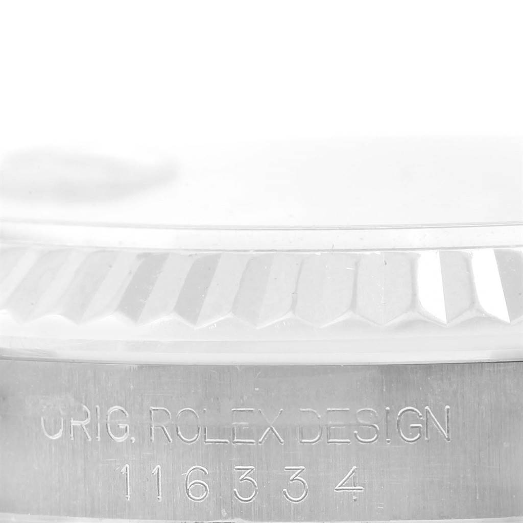 This image shows a close-up of the case side and bezel of the Rolex Datejust 41 116334 Men's Stainless Steel Blue Dial 116334 Men's Stainless Steel Blue Dial model, displaying the model number "116334."