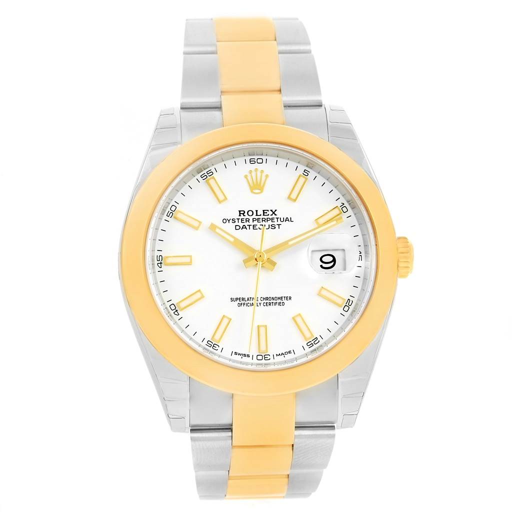 This image shows a front view of a Rolex Datejust 41 126303 Men's Steel and Gold (two tone) White Dial 126303 Men's Steel and Gold (two tone) White Dial model, highlighting its two-tone bracelet, gold bezel, and white dial with date display.