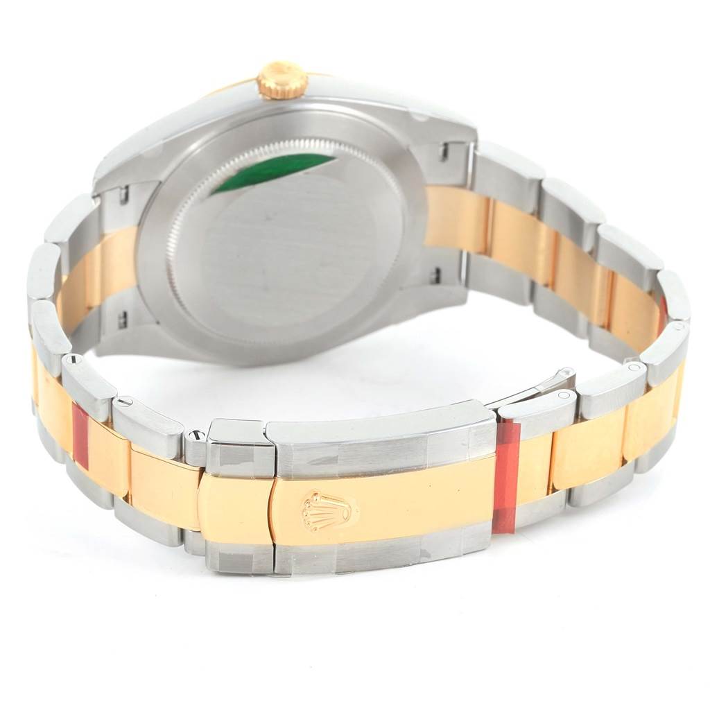 This image shows a rear angle of a Rolex Datejust 41 126303 Men's Steel and Gold (two tone) White Dial 126303 Men's Steel and Gold (two tone) White Dial watch, focusing on the case back and two-tone bracelet with the clasp visible.
