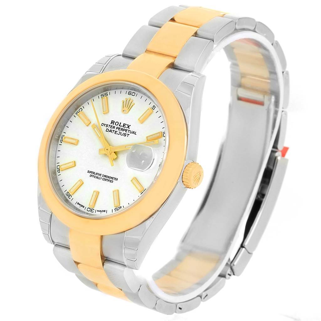 The image shows a Rolex Datejust 41 126303 Men's Steel and Gold (two tone) White Dial 126303 Men's Steel and Gold (two tone) White Dial watch from an angled side view, displaying the dial, bezel, crown, and bracelet.