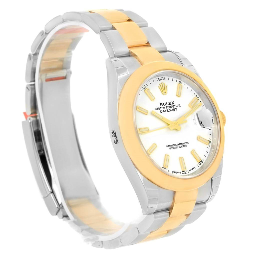 This image shows a side-angle view of a Rolex Datejust 41 126303 Men's Steel and Gold (two tone) White Dial 126303 Men's Steel and Gold (two tone) White Dial, highlighting its stainless steel and gold bracelet, bezel, and dial.