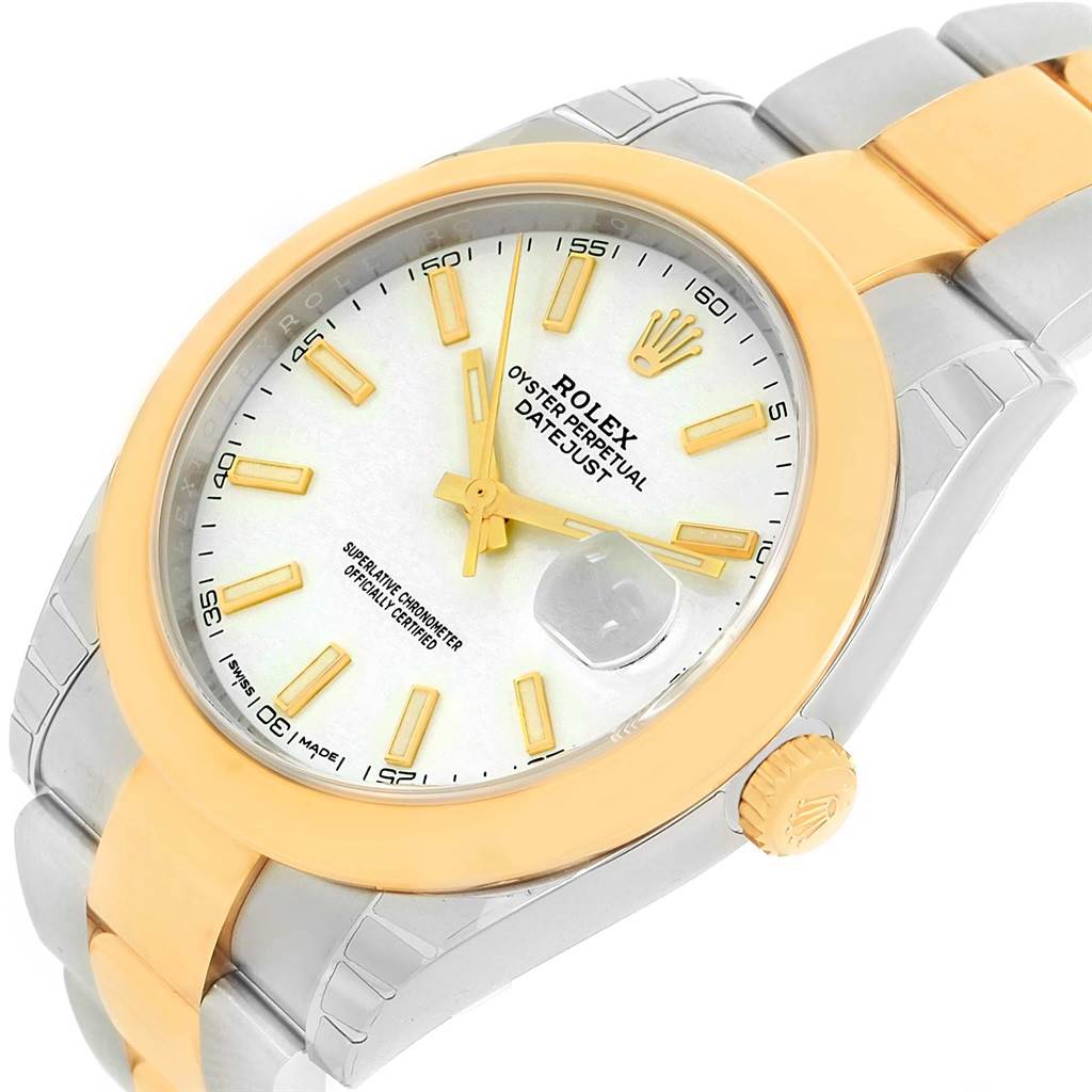 The image shows a Rolex Datejust 41 126303 Men's Steel and Gold (two tone) White Dial 126303 Men's Steel and Gold (two tone) White Dial watch at a slight angle, highlighting its bezel, dial, crown, and bracelet.