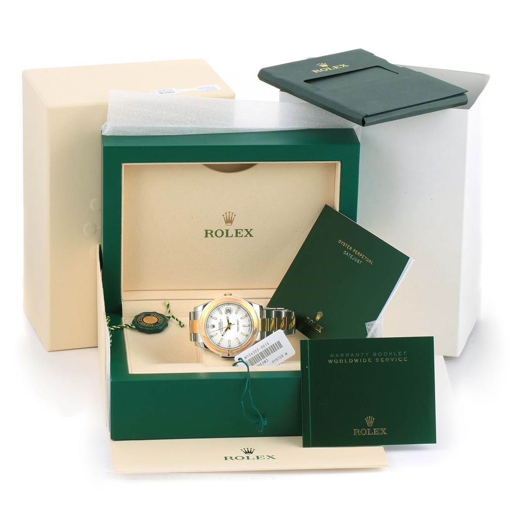 The image shows a Rolex Datejust 41 126303 Men's Steel and Gold (two tone) White Dial 126303 Men's Steel and Gold (two tone) White Dial watch in its box, along with booklets and tags, all viewed from the front angle.