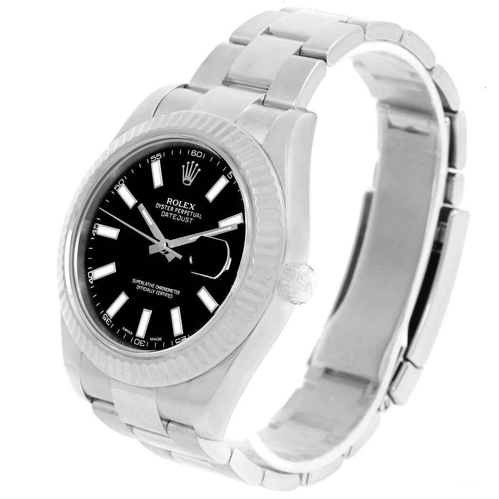 A Rolex Datejust 41 116334 Men's Stainless Steel Black Dial 116334 Men's Stainless Steel Black Dial watch is shown at a side angle, highlighting the face, case, and part of the band.