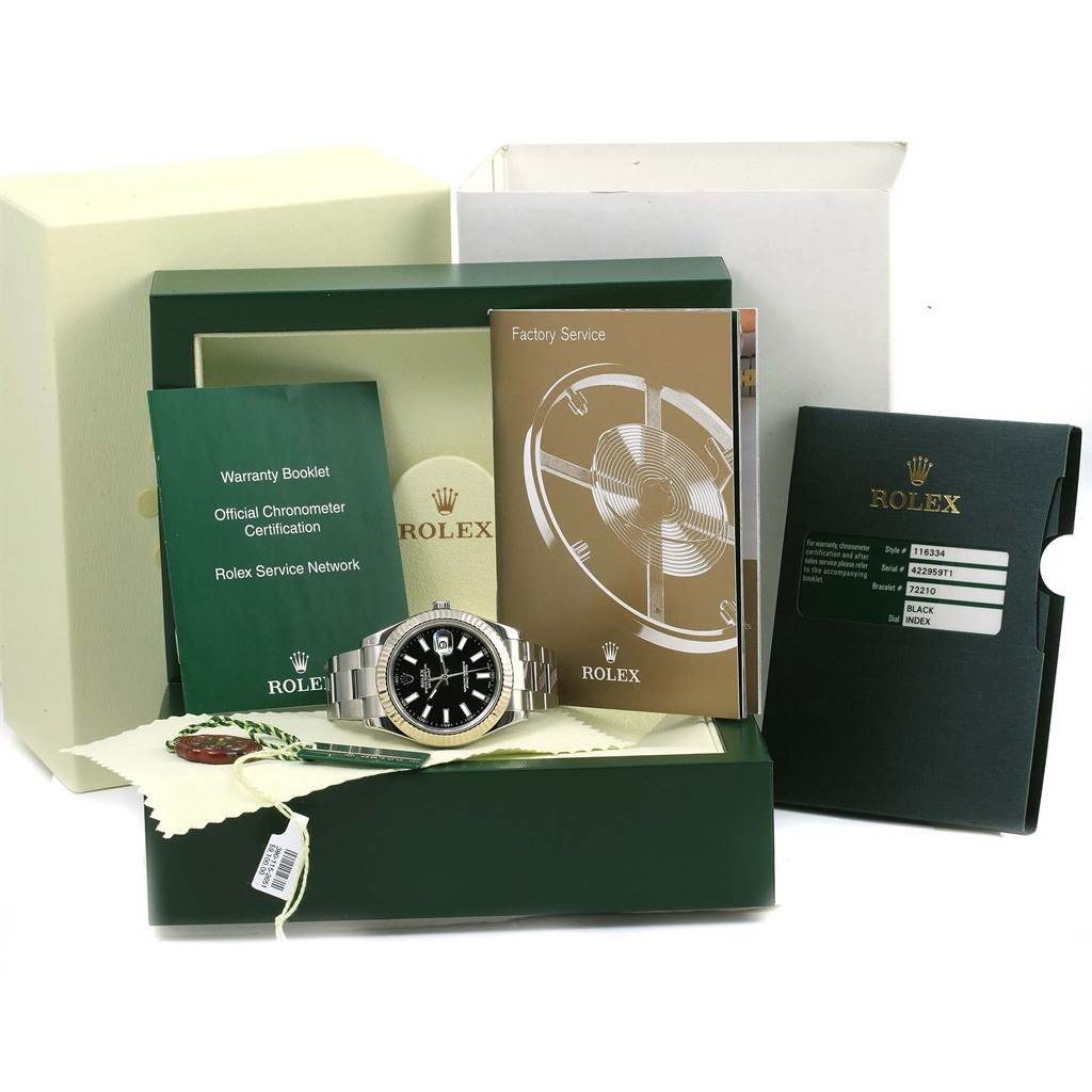 The image shows the Rolex Datejust 41 116334 Men's Stainless Steel Black Dial 116334 Men's Stainless Steel Black Dial watch with its box, warranty booklet, factory service book, tags, and certification card.