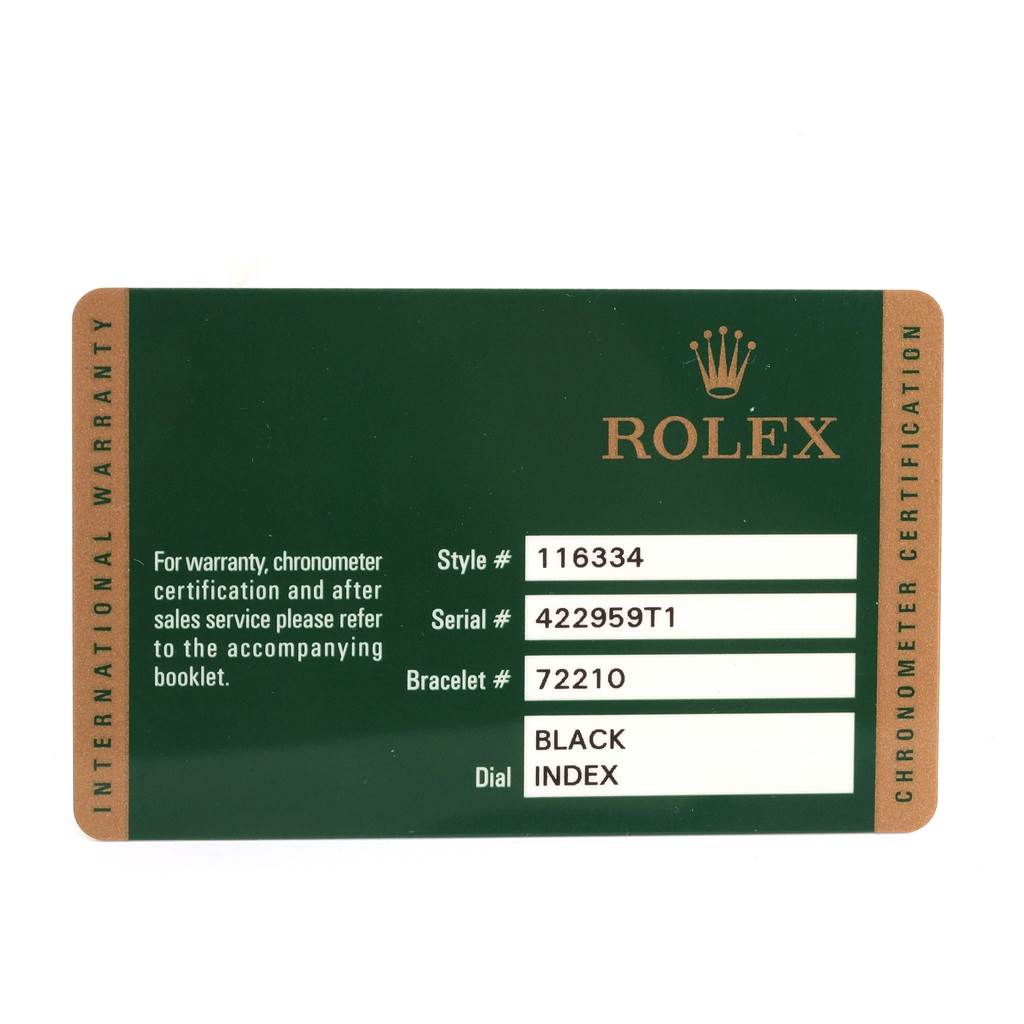 This image shows the warranty card for a Rolex Datejust 41 116334 Men's Stainless Steel Black Dial 116334 Men's Stainless Steel Black Dial watch, containing style, serial, and bracelet numbers.