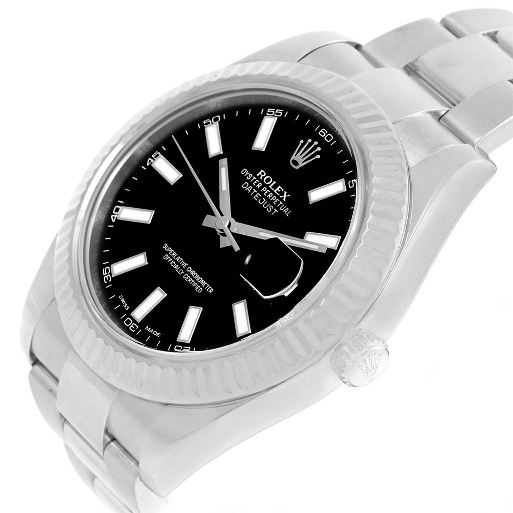 The image shows a Rolex Datejust 41 116334 Men's Stainless Steel Black Dial 116334 Men's Stainless Steel Black Dial watch at an angled close-up view, highlighting the dial, bezel, and part of the bracelet.