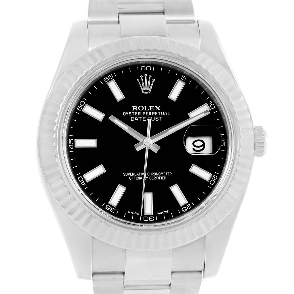 This image shows a front view of the Rolex Datejust 41 116334 Men's Stainless Steel Black Dial 116334 Men's Stainless Steel Black Dial watch, detailing the black dial, fluted bezel, and stainless steel bracelet.