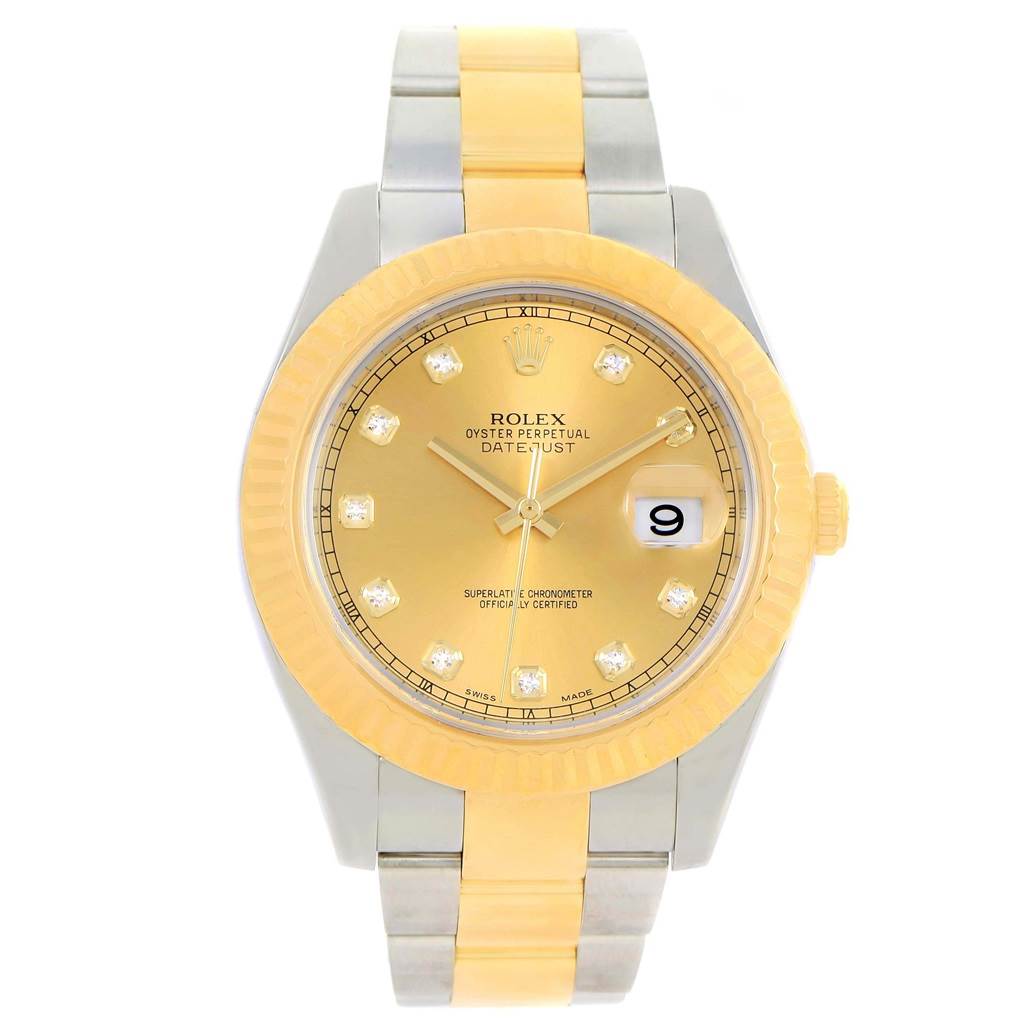 This is a front view of the Rolex Datejust 41 116333 Men's Steel and Gold (two tone) Champagne Dial 116333 Men's Steel and Gold (two tone) Champagne Dial watch, showing the dial, bezel, and part of the bracelet.