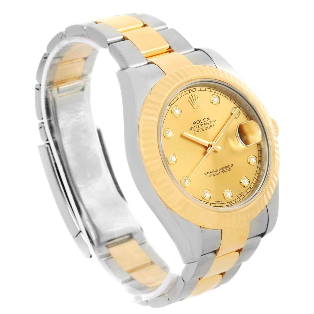 The Rolex Datejust 41 116333 Men's Steel and Gold (two tone) Champagne Dial 116333 Men's Steel and Gold (two tone) Champagne Dial watch is shown at an angle highlighting the gold dial, fluted bezel, and two-tone bracelet.