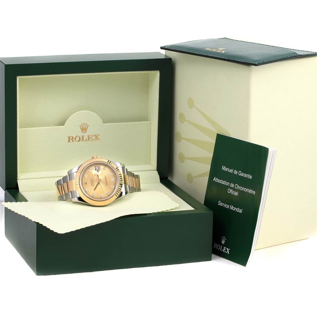 The image shows a Rolex Datejust 41 116333 Men's Steel and Gold (two tone) Champagne Dial 116333 Men's Steel and Gold (two tone) Champagne Dial watch in its open box with accompanying manuals and warranty card.