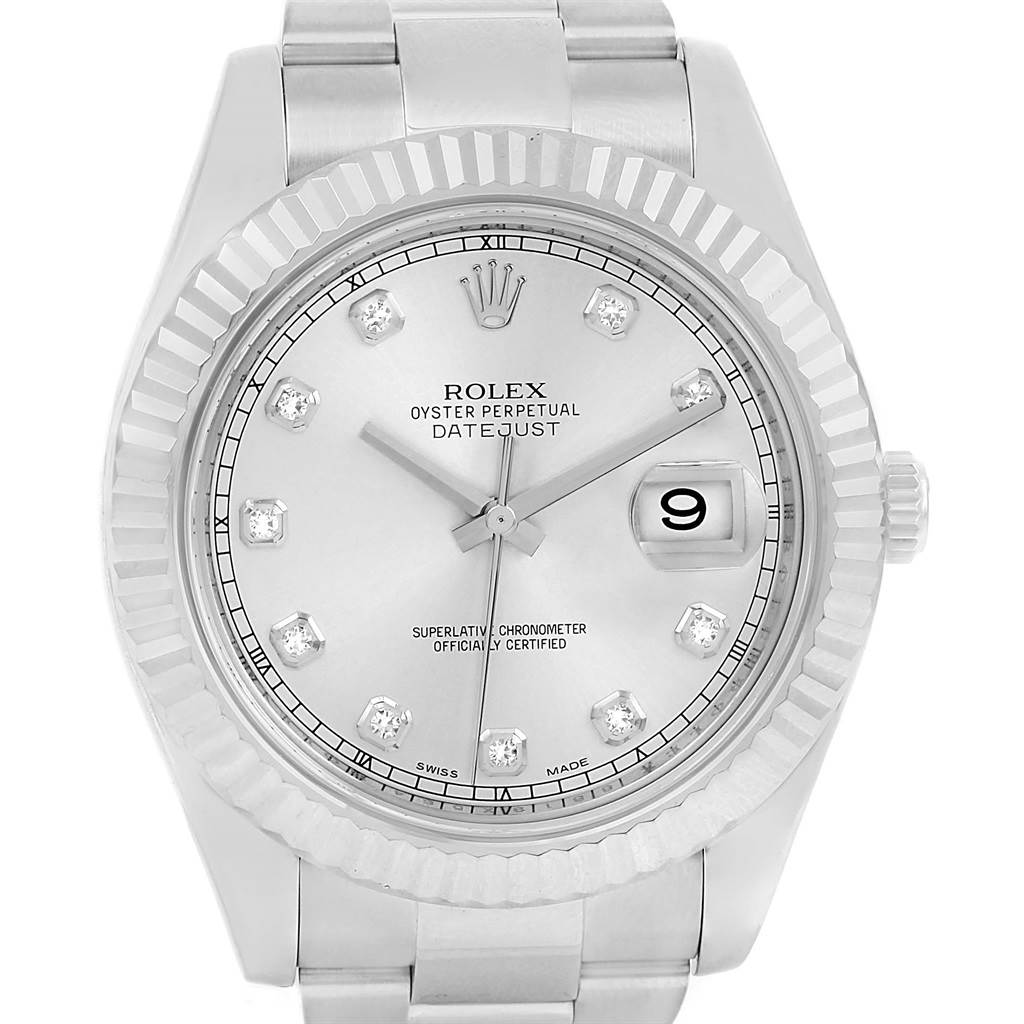 The image shows a front view of the Rolex Datejust 41 116334 Men's Stainless Steel Silver Dial 116334 Men's Stainless Steel Silver Dial watch, highlighting the dial, fluted bezel, and bracelet.