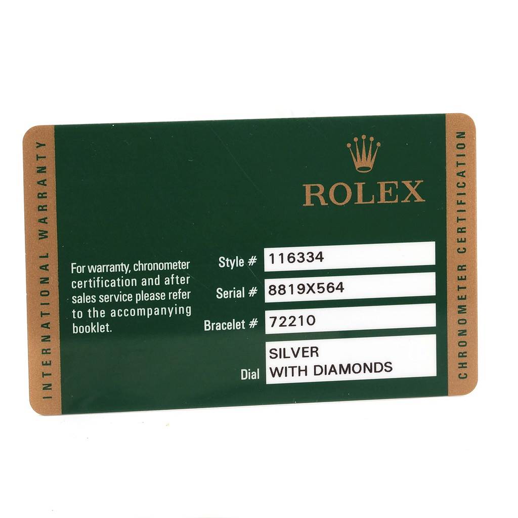 The image shows a warranty card for the Rolex Datejust 41 116334 Men's Stainless Steel Silver Dial 116334 Men's Stainless Steel Silver Dial model, detailing the style, serial, bracelet, and dial information.