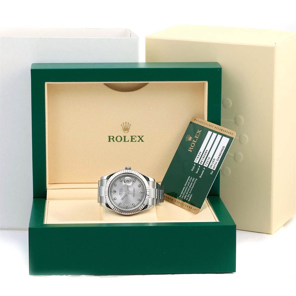 The image shows a Rolex Datejust 41 116334 Men's Stainless Steel Silver Dial 116334 Men's Stainless Steel Silver Dial watch displayed in an open green box with a certification card beside it.