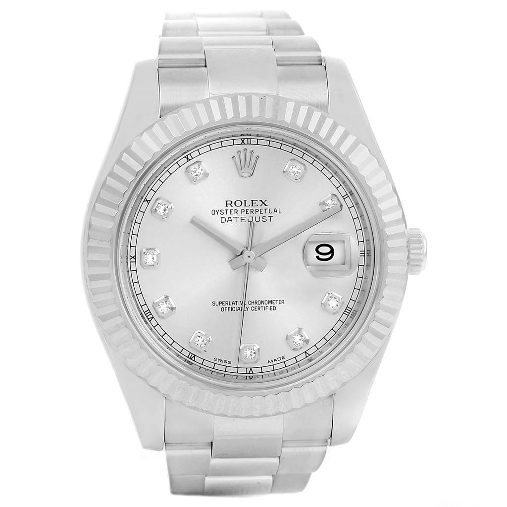This is a front view of the Rolex Datejust 41 116334 Men's Stainless Steel Silver Dial 116334 Men's Stainless Steel Silver Dial, showing the dial, bezel, and bracelet.