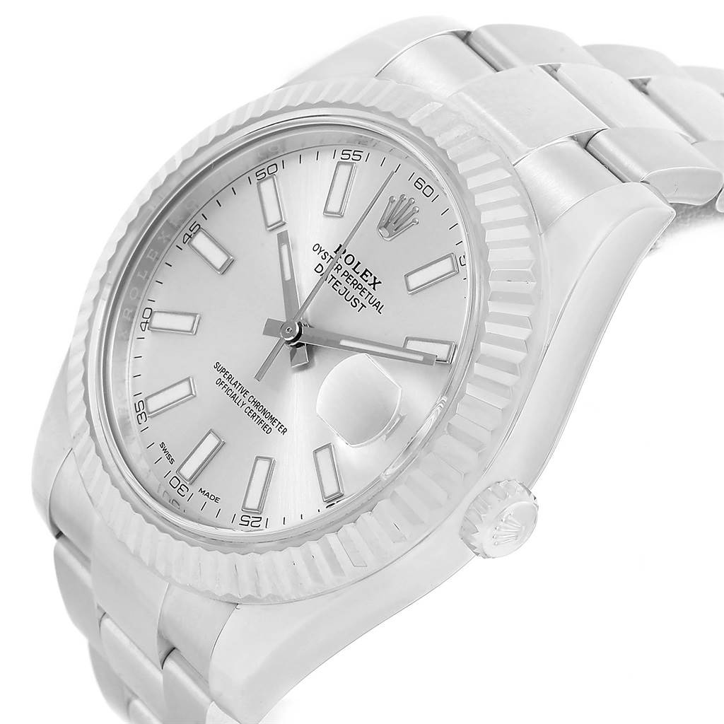 The image shows a Rolex Datejust 41 116334 Men's Stainless Steel Silver Dial 116334 Men's Stainless Steel Silver Dial model watch angled to display the face, bezel, and part of the bracelet.