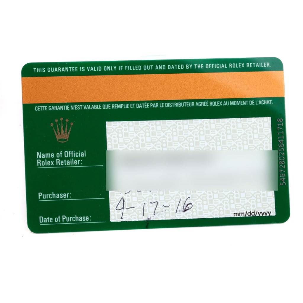 This image shows the official guarantee card for the Rolex Datejust 41 116334 Men's Stainless Steel Silver Dial 116334 Men's Stainless Steel Silver Dial model, displaying purchase details.