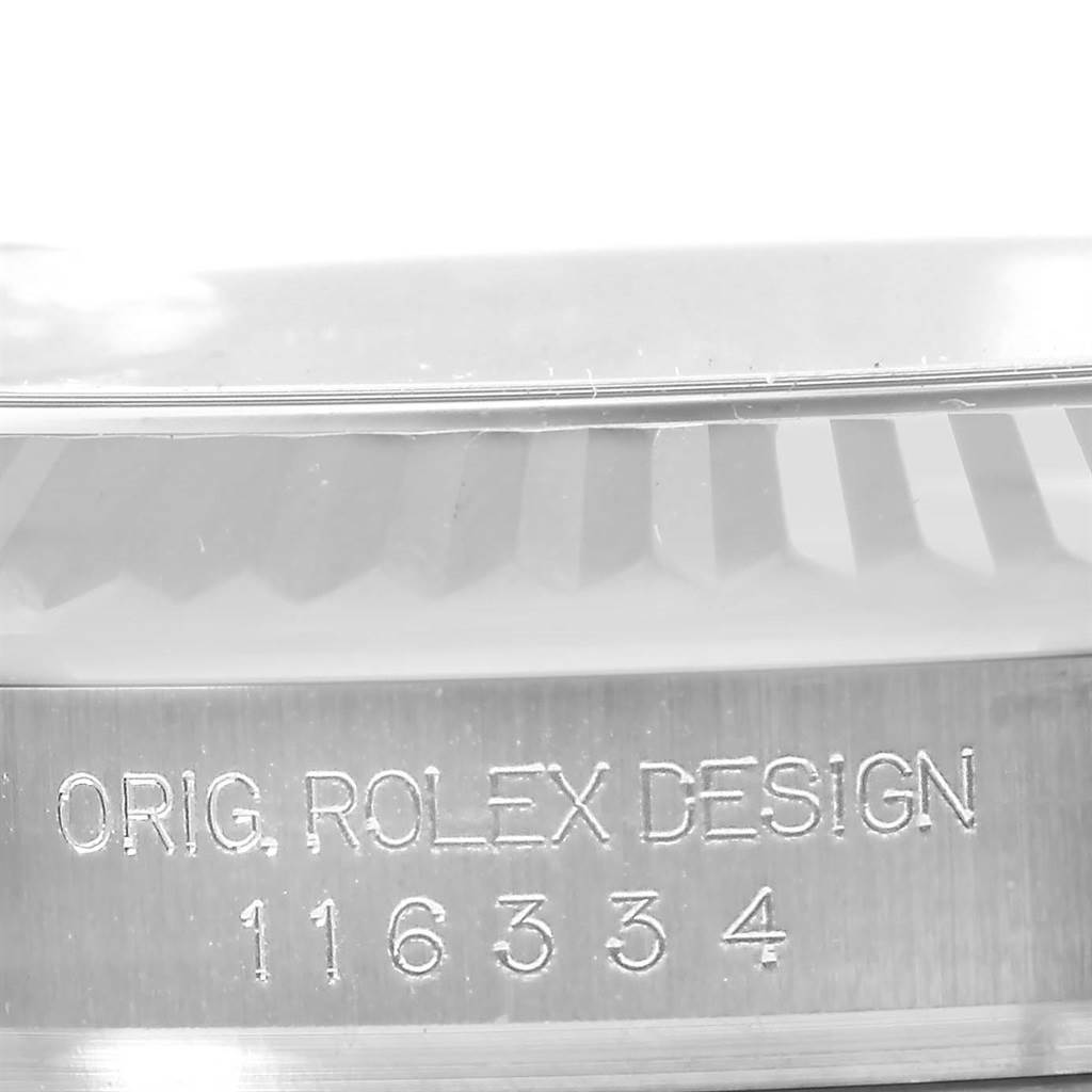 The image shows a close-up of the case side with the model number engraved on a Rolex Datejust 41 116334 Men's Stainless Steel Silver Dial 116334 Men's Stainless Steel Silver Dial.