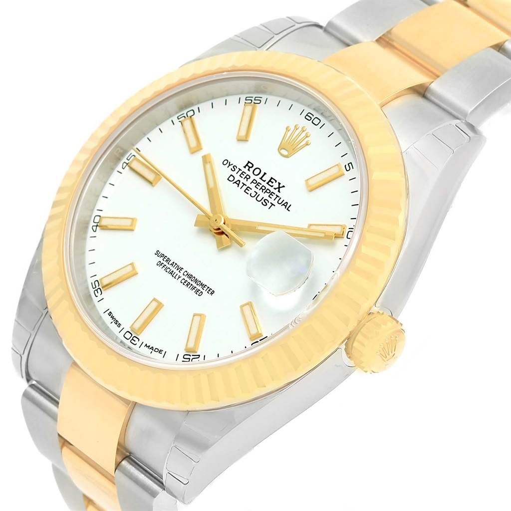 This image shows a Rolex Datejust 41 126333 Men's Steel and Gold (two tone) White Dial 126333 Men's Steel and Gold (two tone) White Dial watch at an angled view, highlighting the dial, bezel, crown, and bracelet.