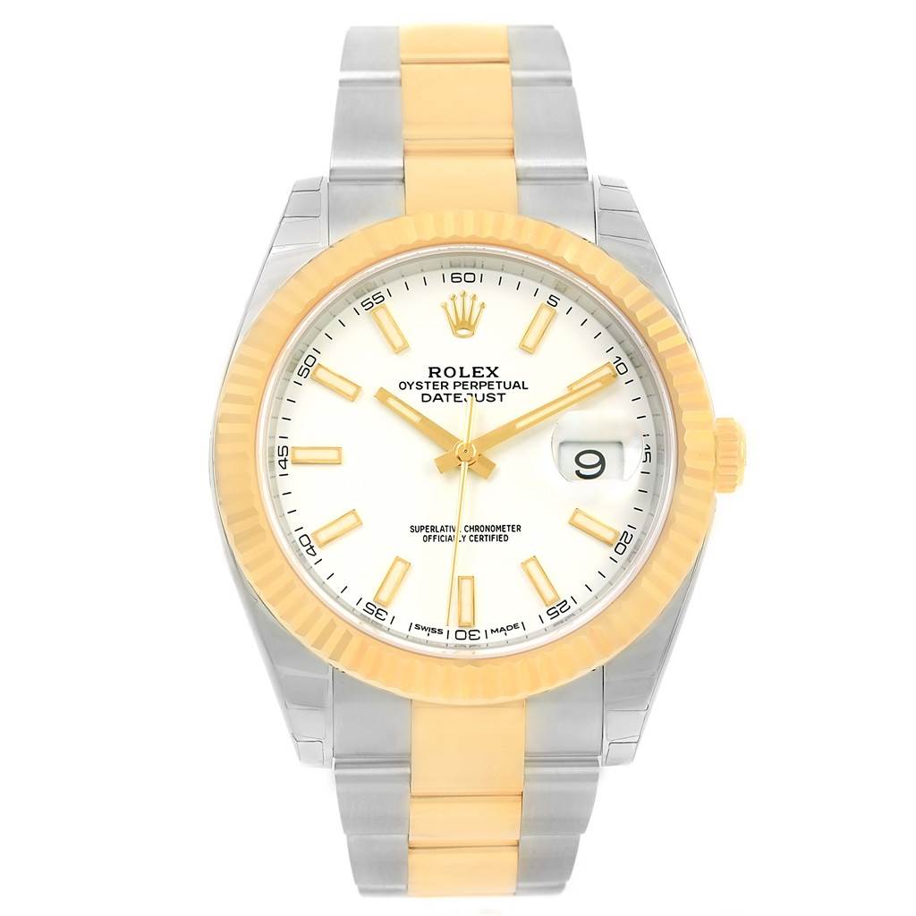 The image shows the front view of a Rolex Datejust 41 126333 Men's Steel and Gold (two tone) White Dial 126333 Men's Steel and Gold (two tone) White Dial watch, featuring a two-tone band and a white dial with gold accents.