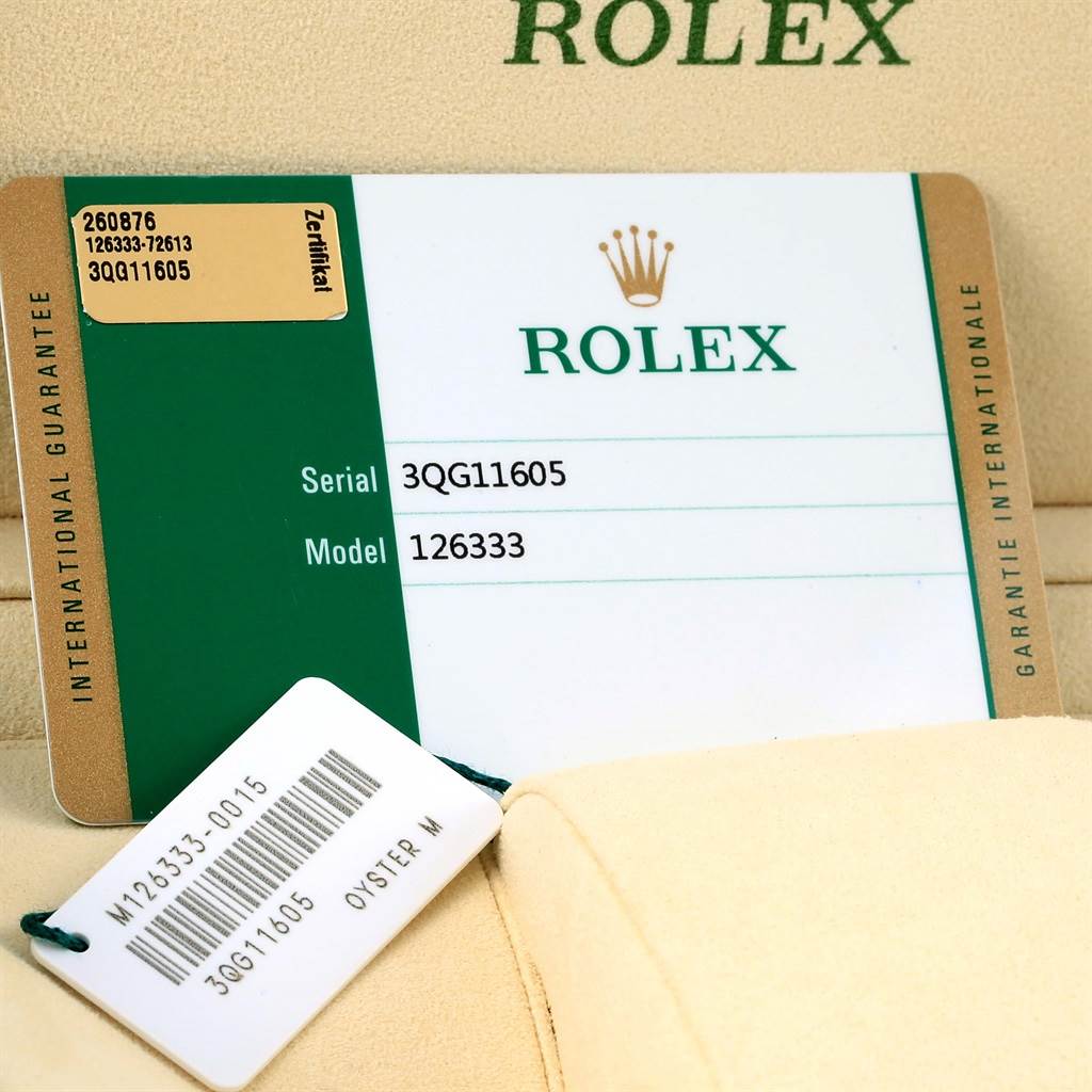 This image shows the warranty and certification cards for a Rolex Datejust 41 126333 Men's Steel and Gold (two tone) White Dial 126333 Men's Steel and Gold (two tone) White Dial model.