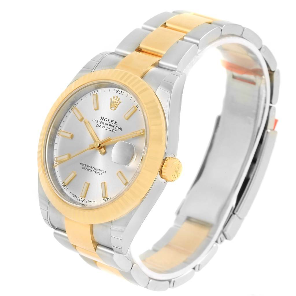 The image shows a Rolex Datejust 41 126333 Men's Steel and Gold (two tone) Silver Dial 126333 Men's Steel and Gold (two tone) Silver Dial watch at an angle displaying the dial, bezel, side crown, and the two-tone bracelet.