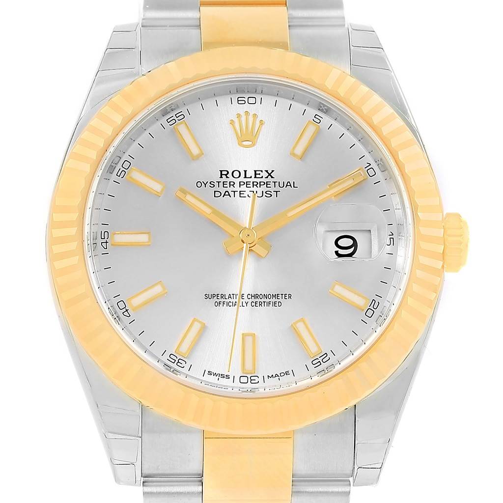 The image shows a front view of the Rolex Datejust 41 126333 Men's Steel and Gold (two tone) Silver Dial 126333 Men's Steel and Gold (two tone) Silver Dial watch, highlighting the face, bezel, and part of the bracelet.