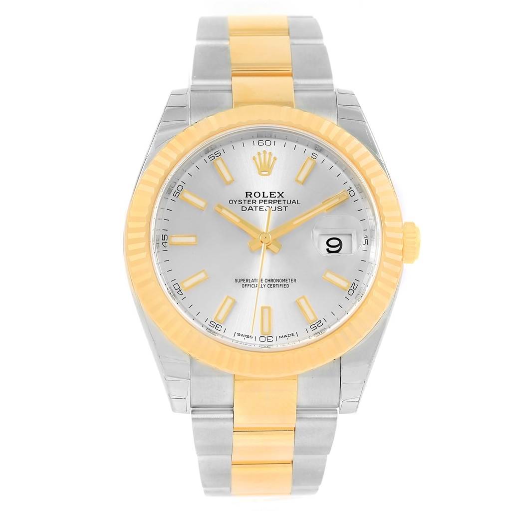 This is a frontal view of the Rolex Datejust 41 126333 Men's Steel and Gold (two tone) Silver Dial 126333 Men's Steel and Gold (two tone) Silver Dial, showcasing its dial, hands, bezel, and bracelet.