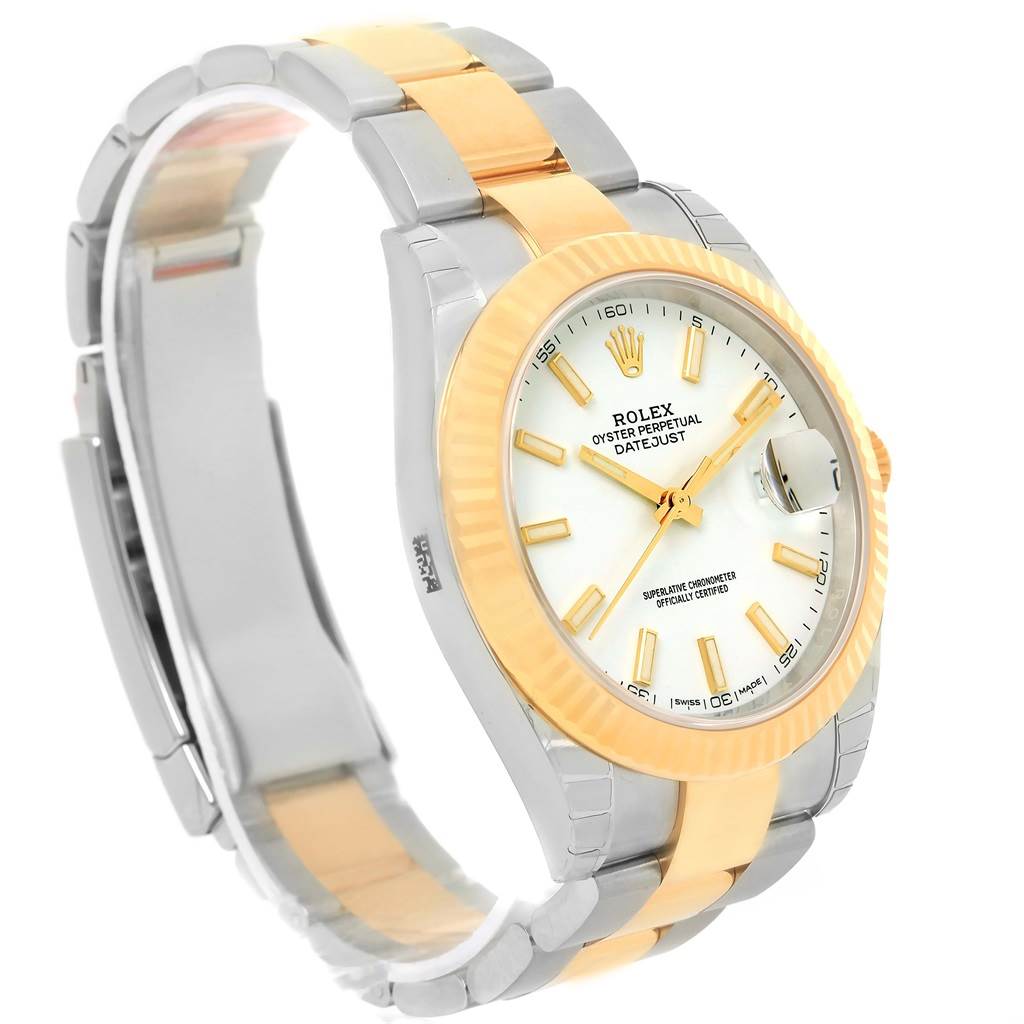 The Rolex Datejust 41 126333 Men's Steel and Gold (two tone) White Dial 126333 Men's Steel and Gold (two tone) White Dial watch is shown from an angled view, displaying the face, bezel, case, and bracelet.