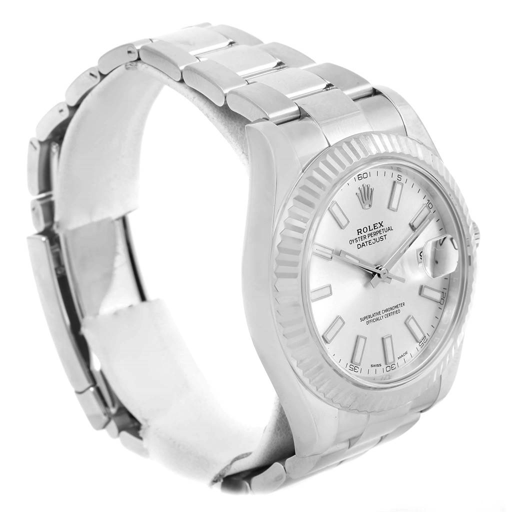 The image shows a Rolex Datejust 41 116334 Men's Stainless Steel Silver Dial 116334 Men's Stainless Steel Silver Dial from a 3/4 angle, showcasing its dial, bezel, and bracelet.