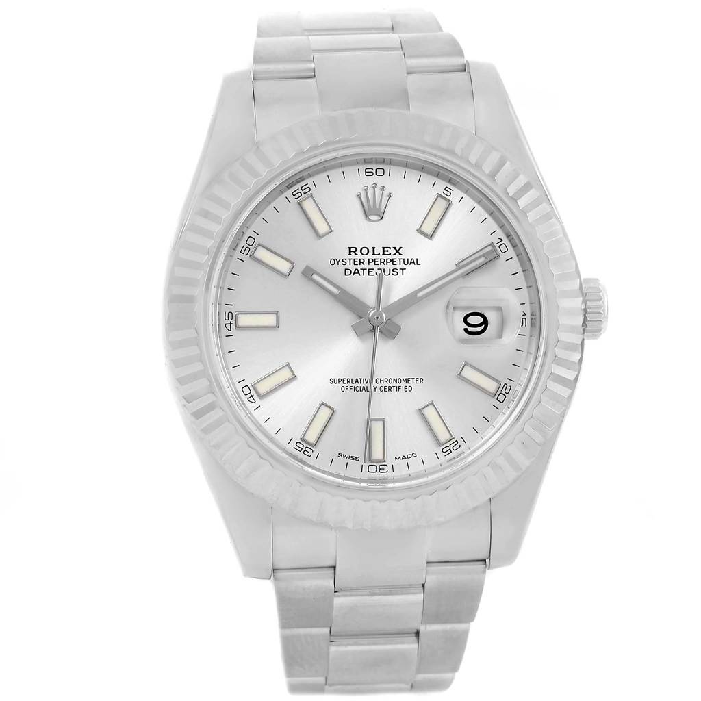 The image shows a Rolex Datejust 41 116334 Men's Stainless Steel Silver Dial 116334 Men's Stainless Steel Silver Dial watch from a front angle, highlighting the dial, bezel, bracelet, and crown.