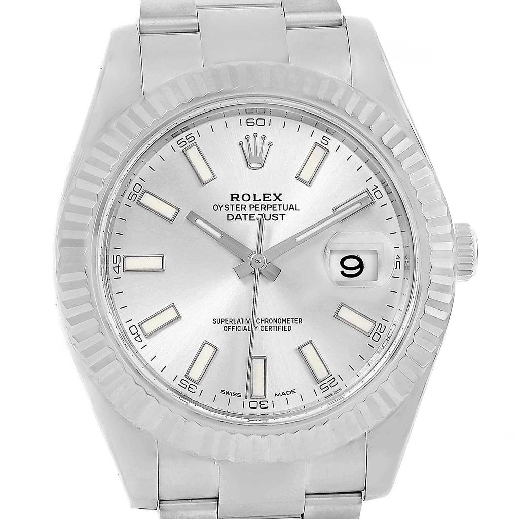 The image shows a front view of the Rolex Datejust 41 116334 Men's Stainless Steel Silver Dial 116334 Men's Stainless Steel Silver Dial watch with a silver dial, date window, and stainless steel bracelet.