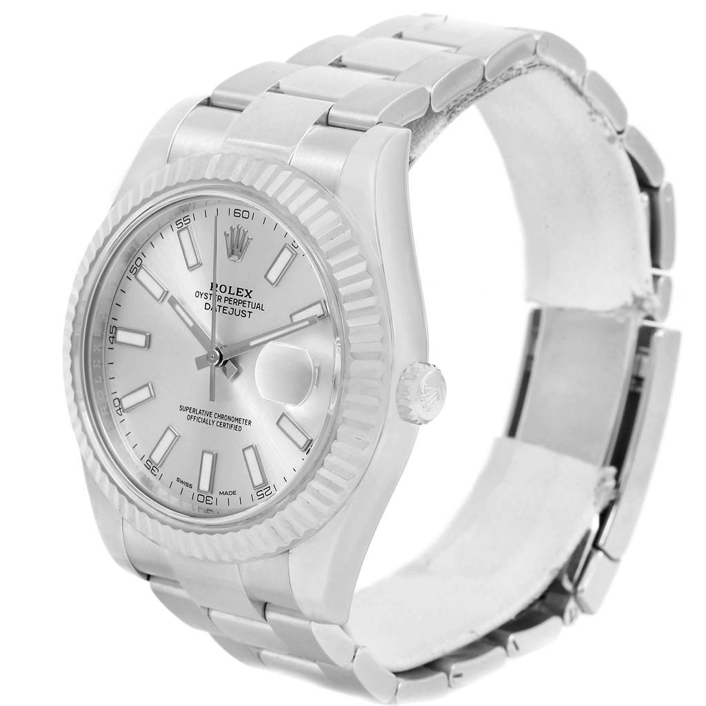 This image shows a Rolex Datejust 41 116334 Men's Stainless Steel Silver Dial 116334 Men's Stainless Steel Silver Dial watch angled slightly to the right, displaying its face, bezel, bracelet, and crown.